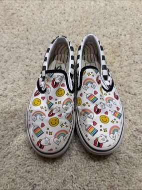Slip-On Vans Shoes with Rainbow & Emoji Print - White